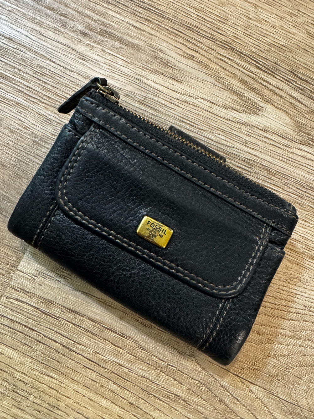 Genuine Leather | Fossil | Black Pebbled Leather Trifold Wallet with Coin Pocket
